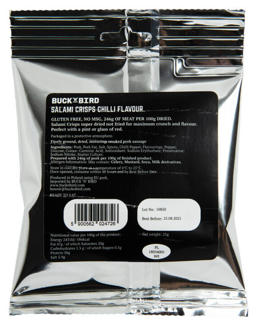 Buck 'N' Bird Chilli Flavour Air-dried salami crisps 25g pack