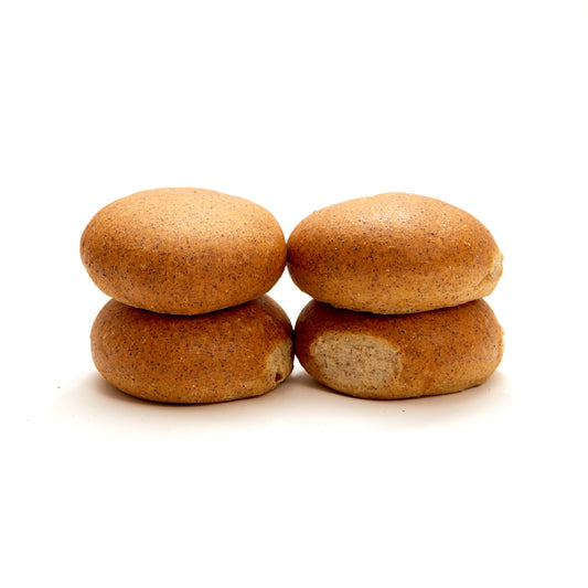 Picture - Four fluffy and delicious looking low carb bread rolls stacked up with a plain white background.