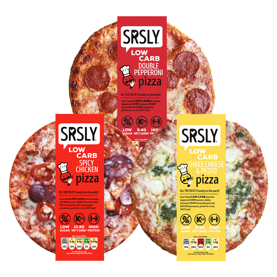 Picture - 3 pizzas overlayed on a plain background. All of the low carb and high protein!
