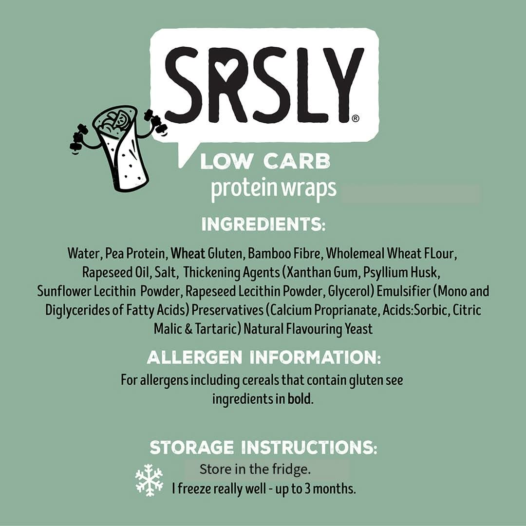 Ingredients and allergen information about the SRSLY low carb wrap